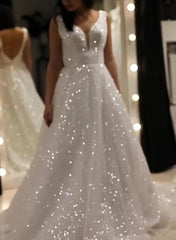 Sparkly Long A-line V-neck Sequins Open Back Wedding Dresses