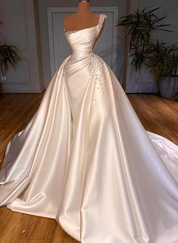 Luxury Satin One Shoulder Mermaid Wedding Dresses With Beading