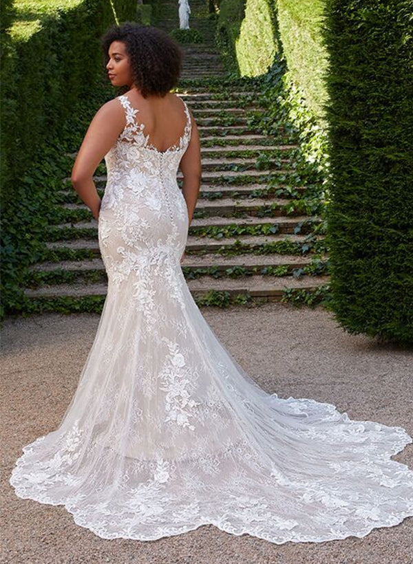 Long Mermaid V Neck Sleeveless Chapel Train Lace Tulle Wedding Dresses