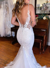 Vintage Long Mermaid V-neck Tulle Wedding Dresses with Appliques Lace