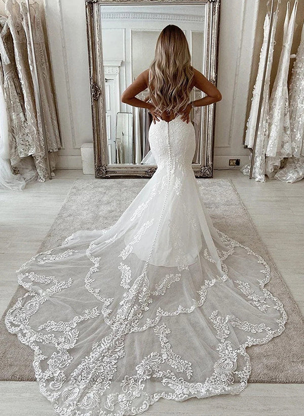 Vintage Long Mermaid Backless Scoop Neck Lace Wedding Dress