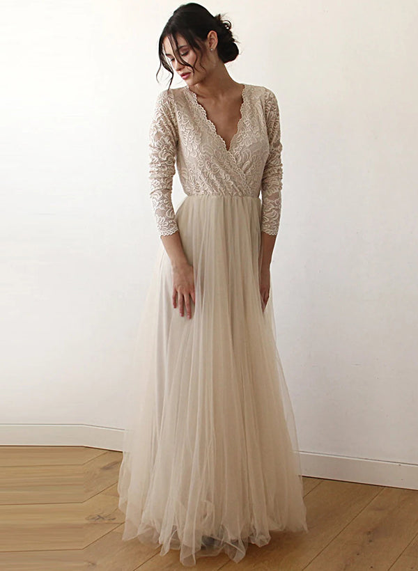 Boho Plus Size Long A-line Lace Tulle Sleeves Wedding Dresses with Sleeves