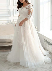 Elegant Plus Size Long A-Line Tulle Lace Wedding Dresses