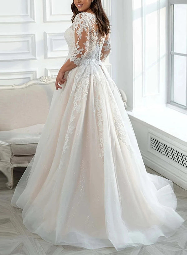 Elegant Plus Size Long A-Line Tulle Lace Wedding Dresses