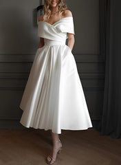 Short A-line Off The Shoulder Sleeveless Satin Tea-Length Wedding Dress with Pockets