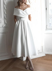 Short A-line Off The Shoulder Sleeveless Satin Tea-Length Wedding Dress with Pockets