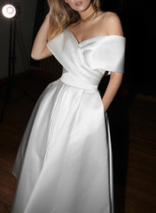 Short A-line Off The Shoulder Sleeveless Satin Tea-Length Wedding Dress with Pockets