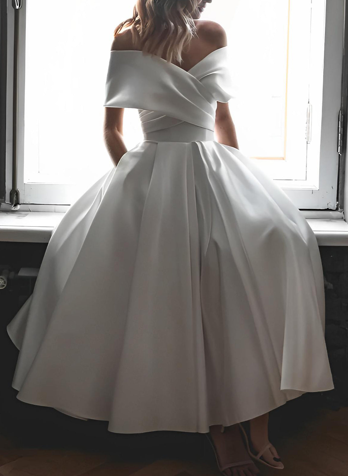 Short A-line Off The Shoulder Sleeveless Satin Tea-Length Wedding Dress with Pockets