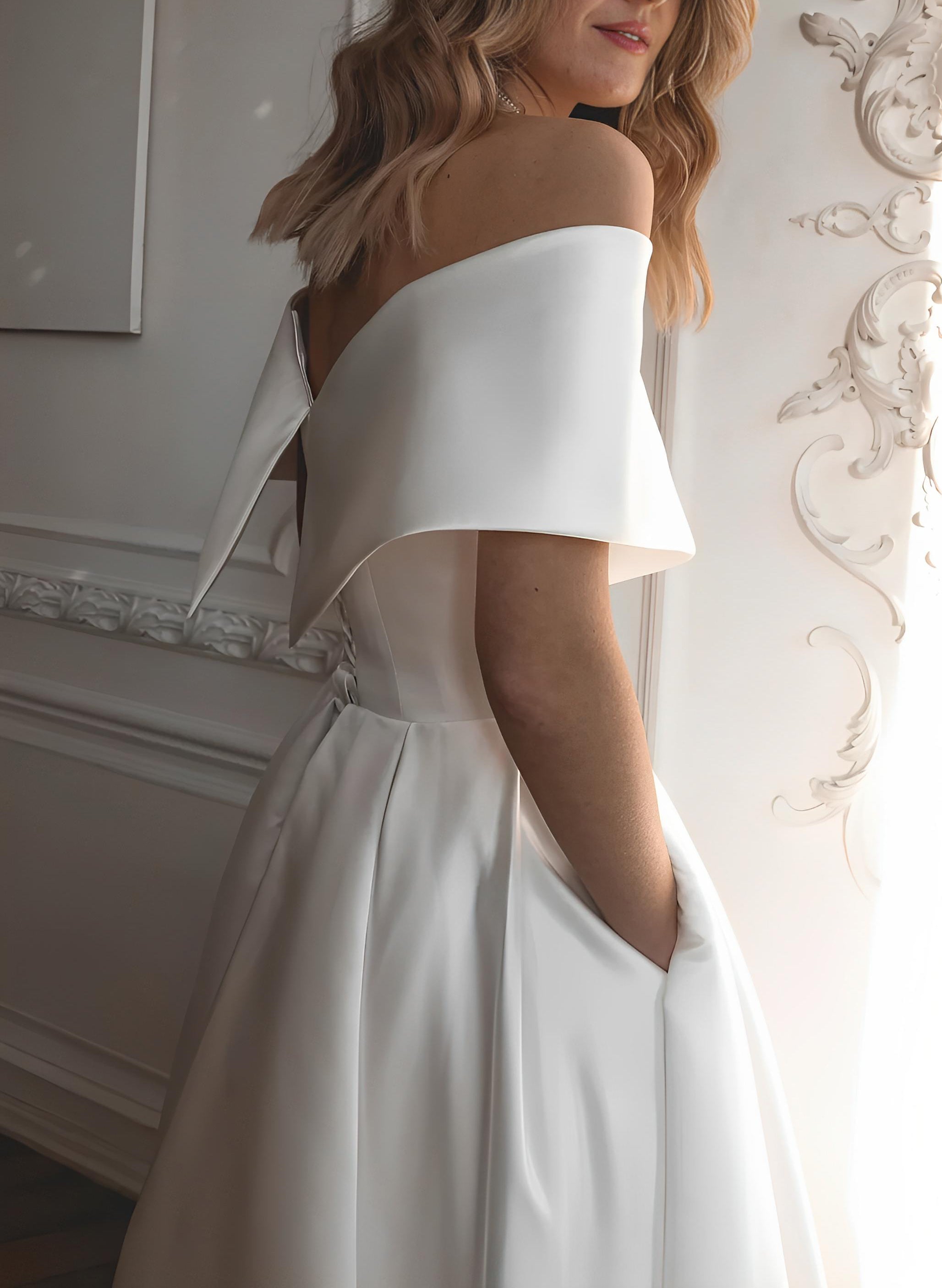 Short A-line Off The Shoulder Sleeveless Satin Tea-Length Wedding Dress with Pockets