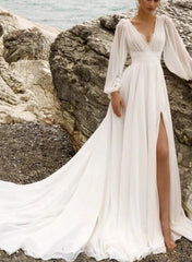 Long Sleeves A-Line V-Neck Chiffon Lace Court Train Wedding Dresses with Slit