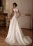 Long A-Line Halter Sleeveless Satin Front Slit Wedding Dresses With Pockets