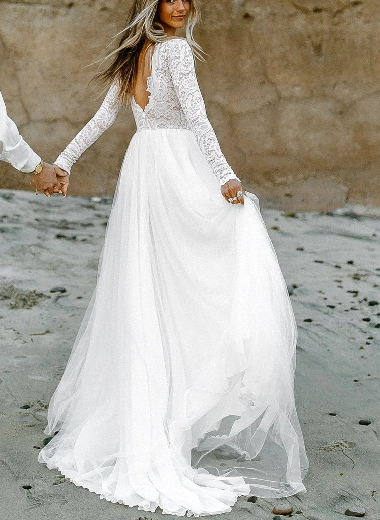 Boho Long Lace Tulle A-Line Chiffon Open Back Wedding Dresses Sleeves