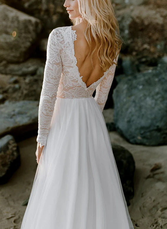 Boho Long Lace Tulle A-Line Chiffon Open Back Wedding Dresses Sleeves