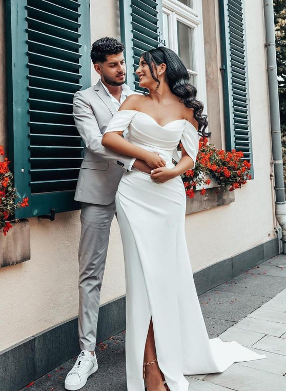 Long Off-The-Shoulder Mermaid Satin Wedding Dresses With Slit