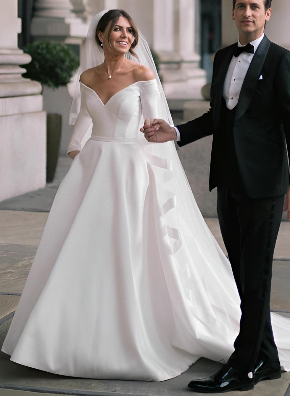 Long Sleeves A-line Off-The-Shoulder Satin Wedding Dresses with Pockets