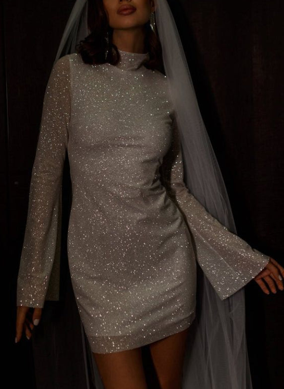 Sparkly Short Sheath High Neck Sequined Wedding Dresses with Sleeves