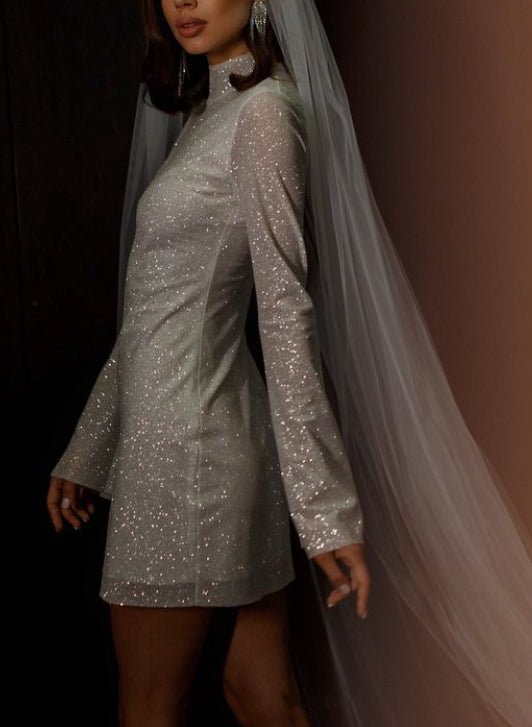 Sparkly Short Sheath High Neck Sequined Wedding Dresses with Sleeves