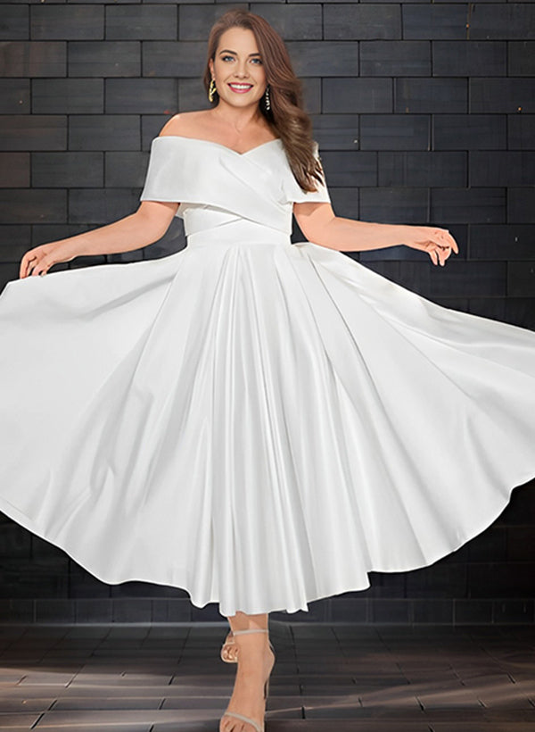 Short A-line Off The Shoulder Sleeveless Satin Tea-Length Wedding Dress with Pockets