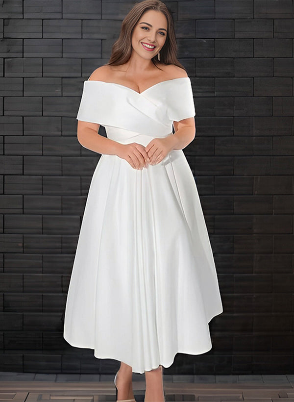 Short A-line Off The Shoulder Sleeveless Satin Tea-Length Wedding Dress with Pockets