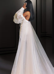 Short Mermaid Strapless Satin Tulle Wedding Dress with Sleeves