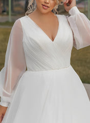 Plus Size Long A-Line V-Neck Chiffon Wedding Dresses with Sleeves