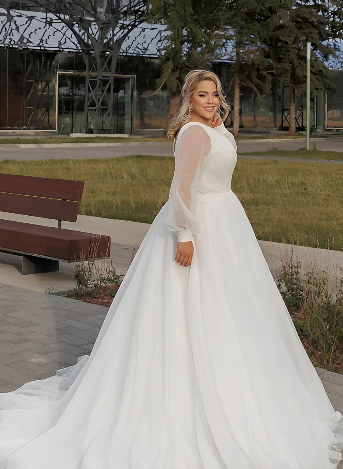 Plus Size Long A-Line V-Neck Chiffon Wedding Dresses with Sleeves