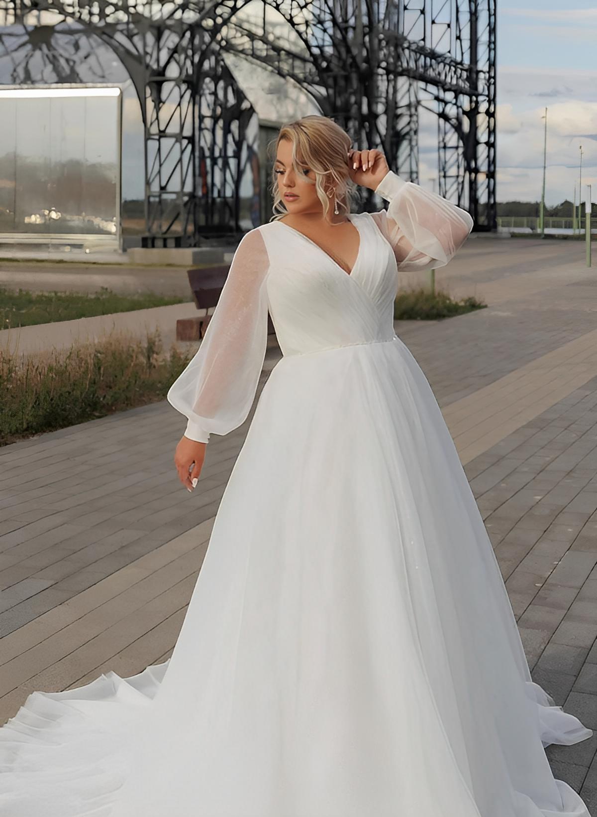 Plus Size Long A-Line V-Neck Chiffon Wedding Dresses with Sleeves