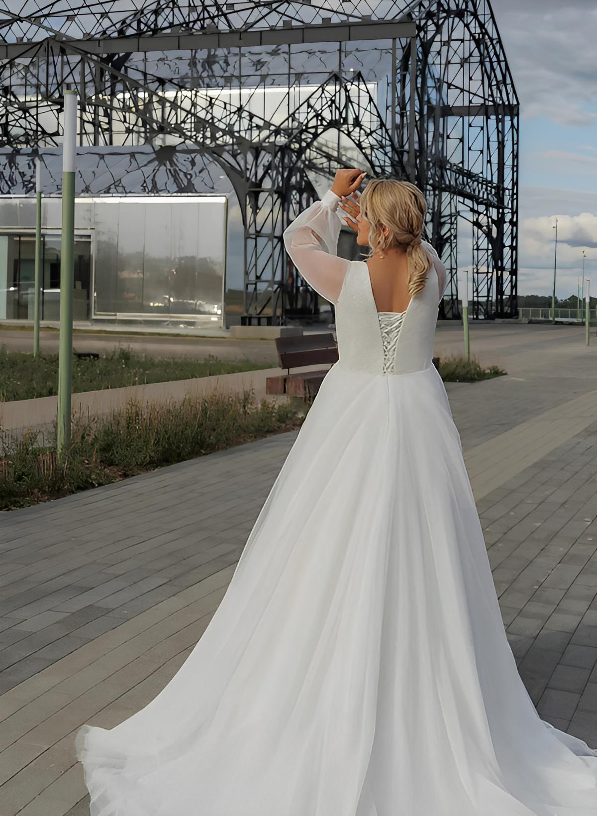 Plus Size Long A-Line V-Neck Chiffon Wedding Dresses with Sleeves