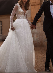 Long Sleeves A-Line V-neck Sequined Wedding Dresses with Sleeves