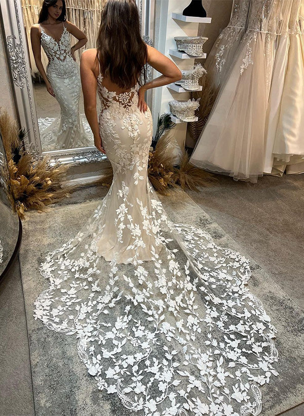 Long Mermaid V-Neck Sleeveless Lace Backless Wedding Dresses