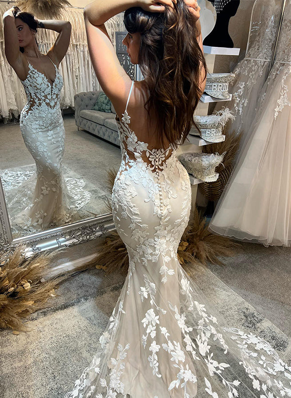 Long Mermaid V-Neck Sleeveless Lace Backless Wedding Dresses