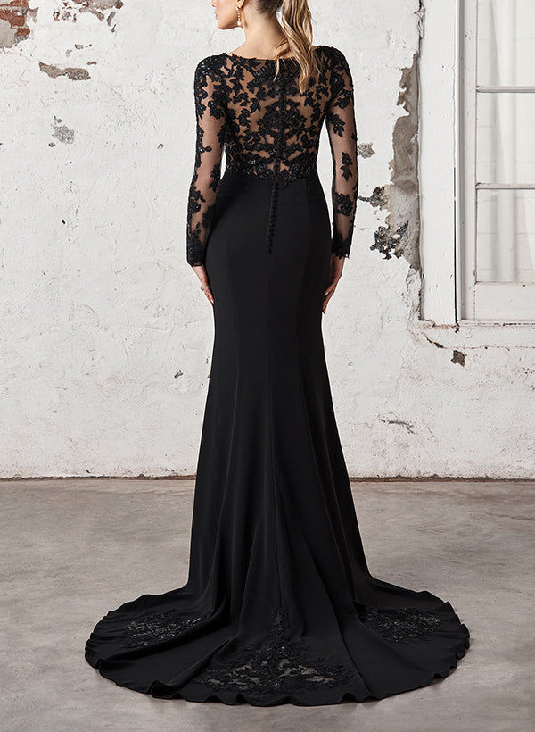 Black V-Neck Long Sleeves Lace Satin Mermaid Wedding Dresses