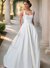 Long A-line Sleeveless Satin Square Neckline Open Back Wedding Dress with Pockets