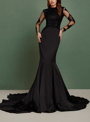 Black Long Mermaid Scoop Neck Tulle Lace Wedding Dresses with Sleeves