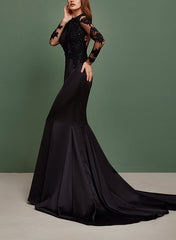 Black Long Mermaid Scoop Neck Tulle Lace Wedding Dresses with Sleeves