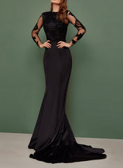 Black Long Mermaid Scoop Neck Tulle Lace Wedding Dresses with Sleeves