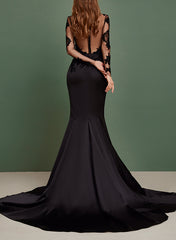 Black Long Mermaid Scoop Neck Tulle Lace Wedding Dresses with Sleeves