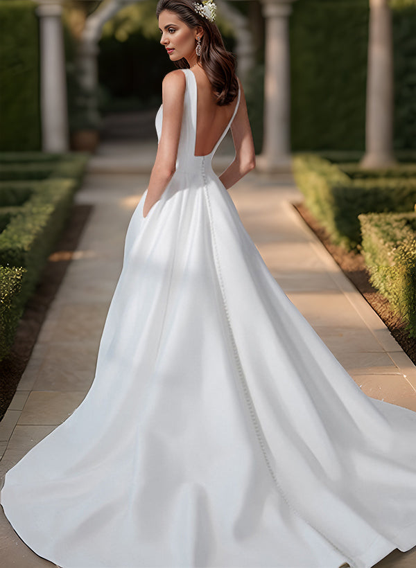 Long A-line Sleeveless Satin Square Neckline Open Back Wedding Dress with Pockets