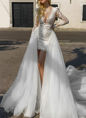 Short Mermaid V-neck Lace Wedding Dresses with Sleeves