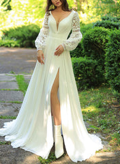 Long Sleeves A-Line V-Neck Chiffon Lace Wedding Dress with Slit