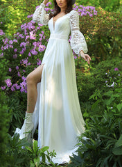 Long Sleeves A-Line V-Neck Chiffon Lace Wedding Dress with Slit