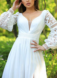 Long Sleeves A-Line V-Neck Chiffon Lace Wedding Dress with Slit