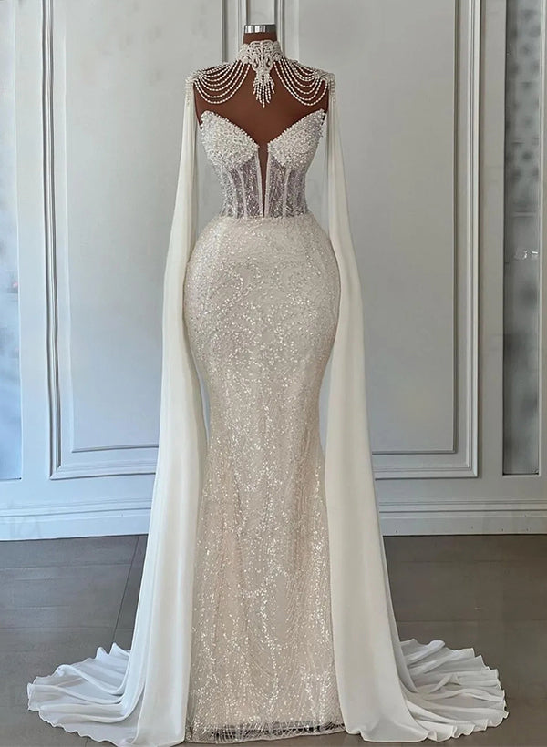 Long Sequined Mermaid Floor-Length Wedding Dresses with Beading