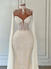 Long Sequined Mermaid Floor-Length Wedding Dresses with Beading