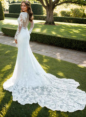 Luxury Long Sleeves Mermaid V-neck Lace Tulle Wedding Dresses