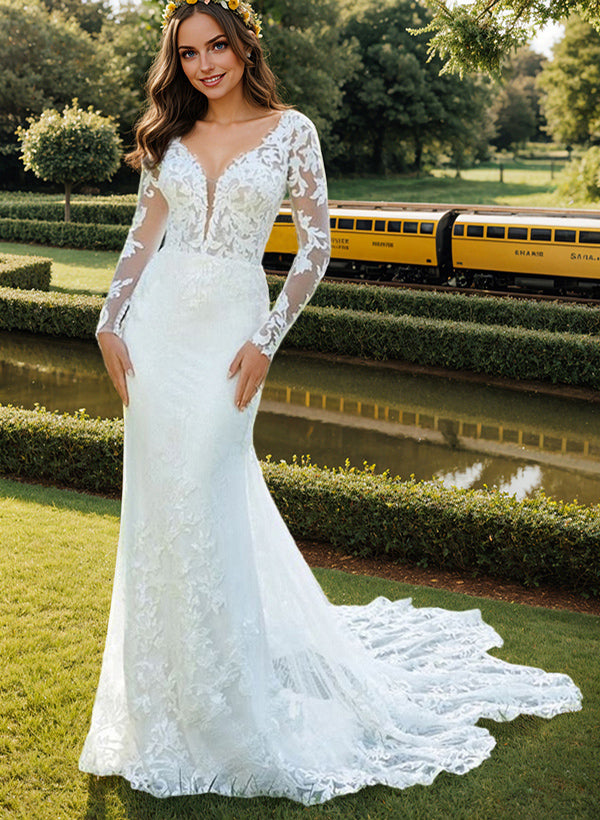 Luxury Long Sleeves Mermaid V-neck Lace Tulle Wedding Dresses