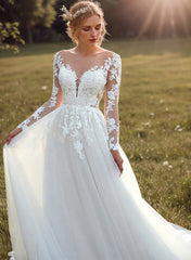 Long A-line Tulle Lace Sweetheart Wedding Dresses with Sleeves