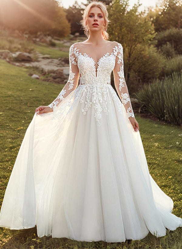 Long A-line Tulle Lace Sweetheart Wedding Dresses with Sleeves