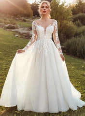 Long A-line Tulle Lace Sweetheart Wedding Dresses with Sleeves