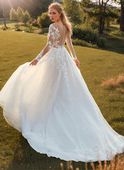 Long A-line Tulle Lace Sweetheart Wedding Dresses with Sleeves